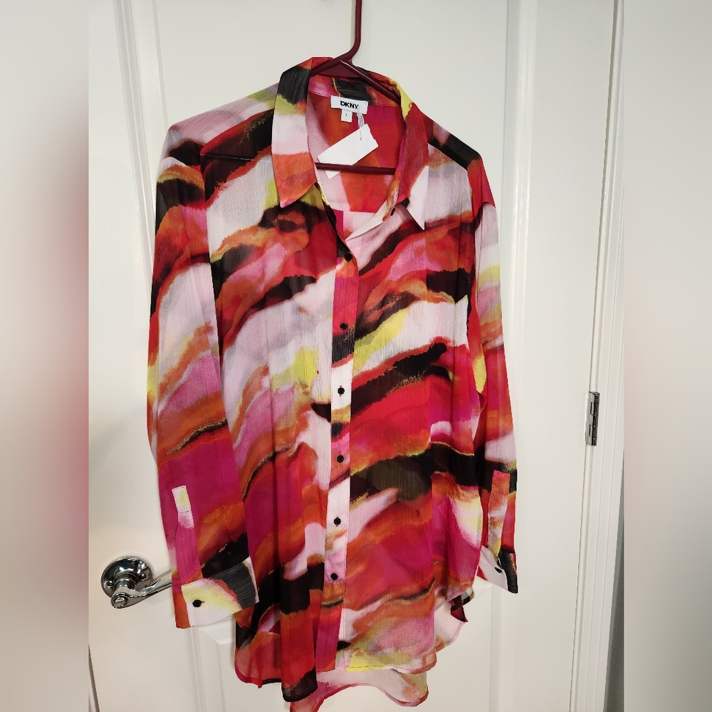 😀   3 for $15   DKNY Abstract Patterned Sheer Blouse